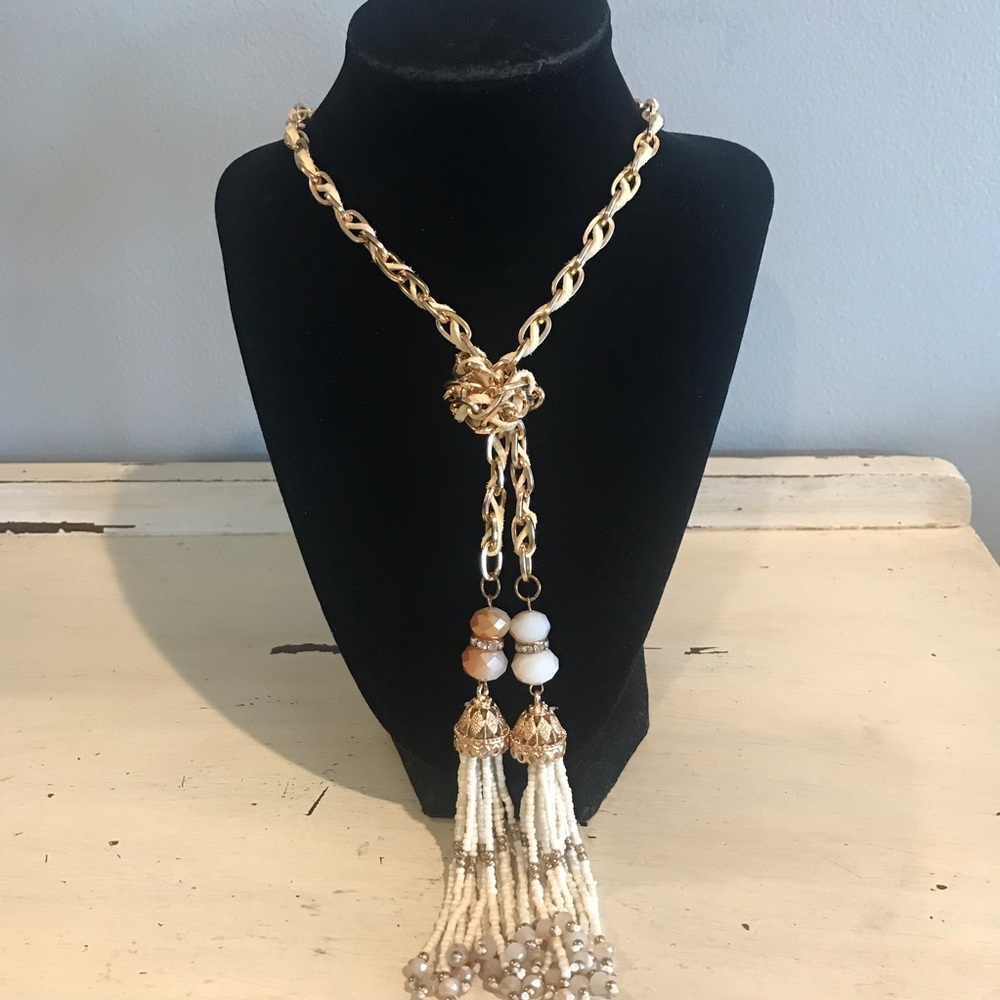 Lanyard Style Beaded Tassel Necklace Gold Tone Faceted Beads Rhinestones
